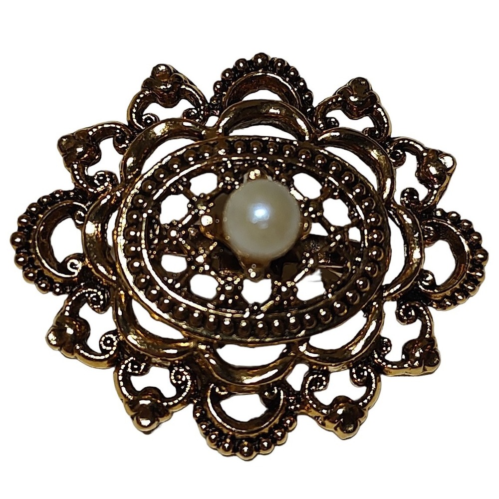 Vintage Tacoa Raised Relief Brooch Pin Faux Pearl Floral Filigree Gold Tone Oval